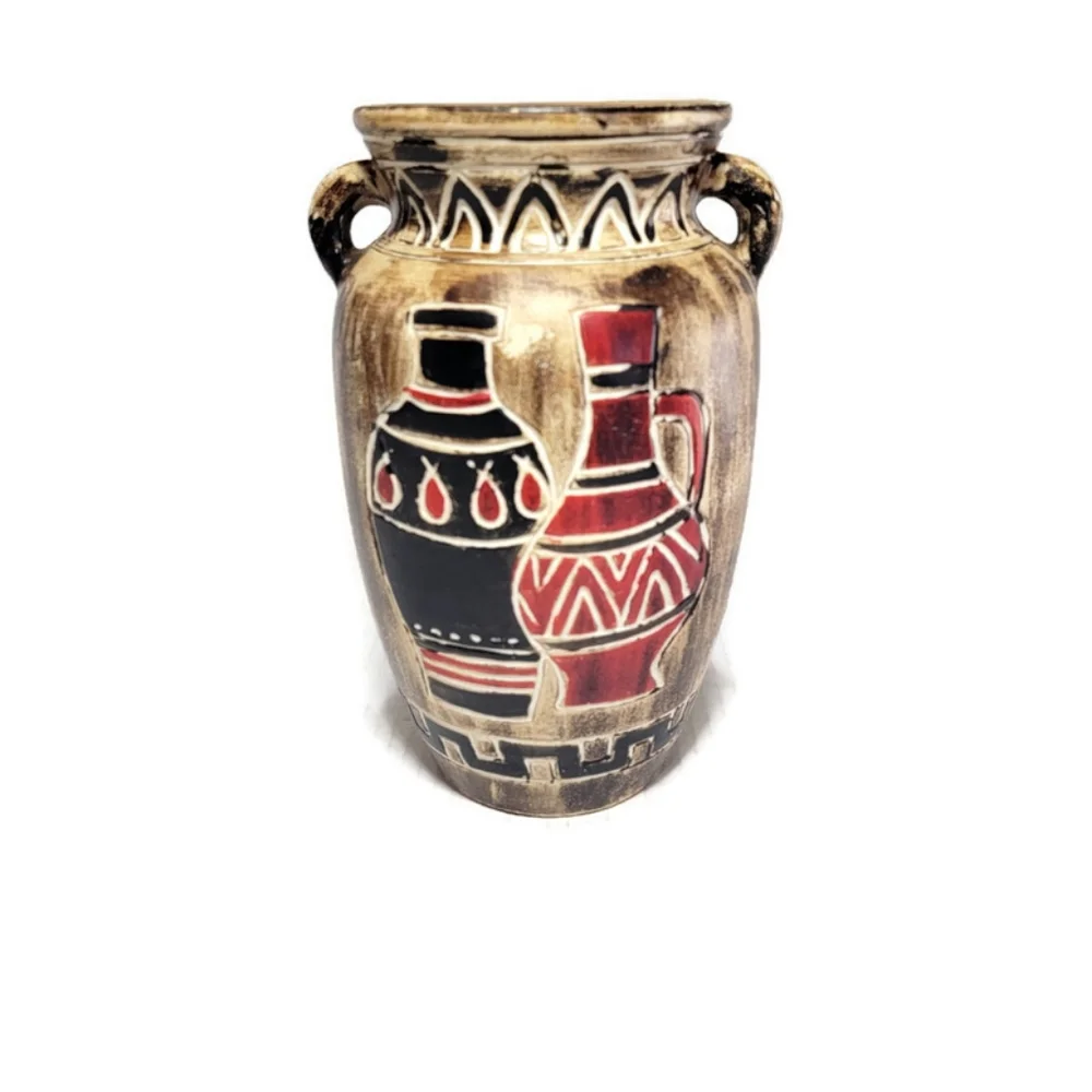 Vintage Motif Vase Egyptian Pharaoh Art Pottery Clay Earthenware 9